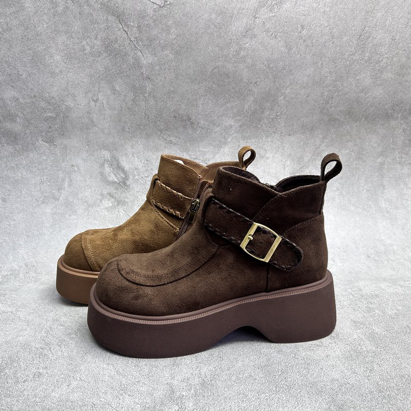 工厂2025冬季新款女鞋断码绒面厚底圆头短靴时尚加绒女靴子