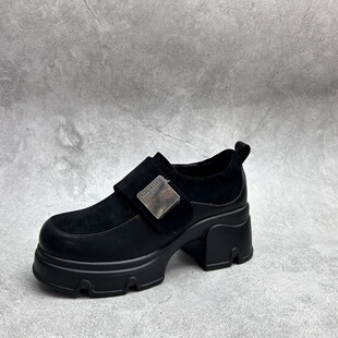 2026春季新款真皮新款女鞋高粗跟休闲深口时尚牛皮百搭套脚女单鞋