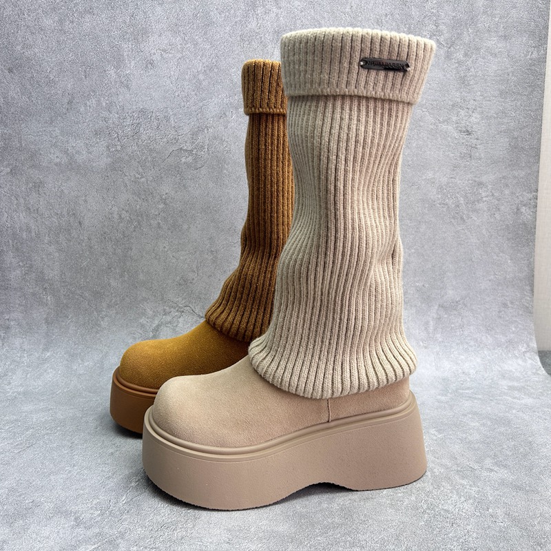 2025秋冬款断码飞织女鞋厚底处理休闲时尚套脚工厂弹力毛线女短靴