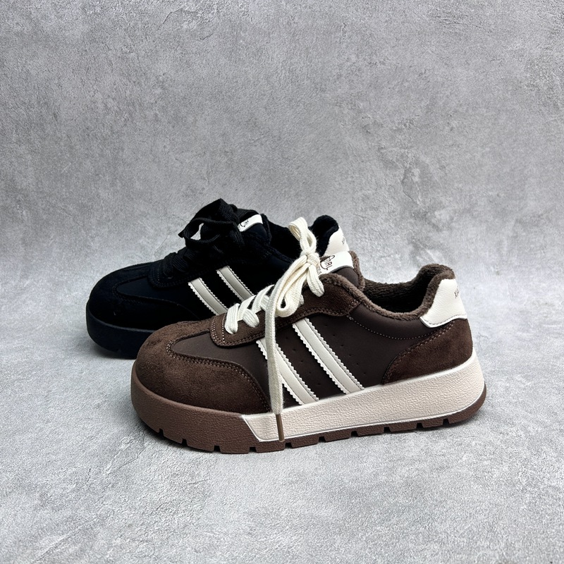 2025秋季新款女鞋超纤厚底休闲深口系带舒适百搭软底加绒女棉鞋