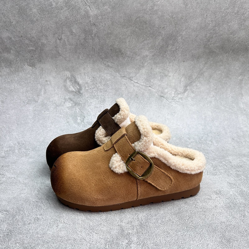 工厂25断码真皮秋季新款女鞋厚底勃肯鞋圆头松糕底套脚加棉女拖鞋