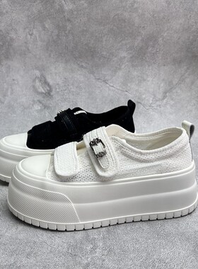工厂断码pu运动鞋女2026夏季新款魔术贴休闲鞋圆头透气松糕底蕾丝