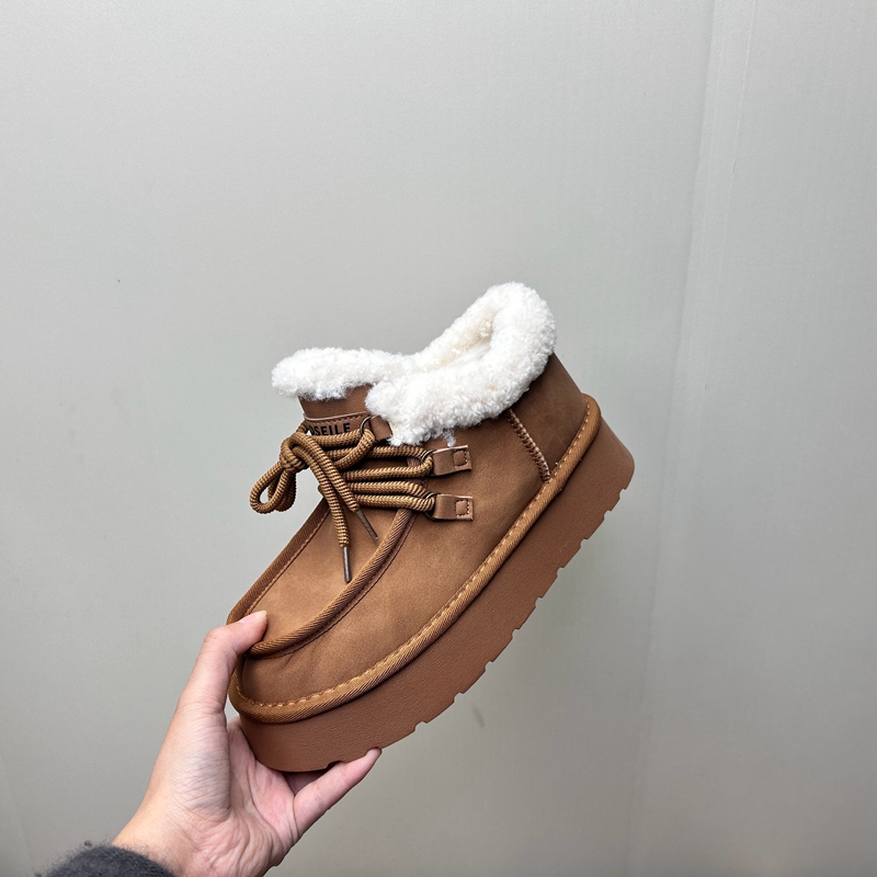 工厂2025处理冬款断码真皮女鞋雪地靴牛皮套脚绒里松糕底女短靴
