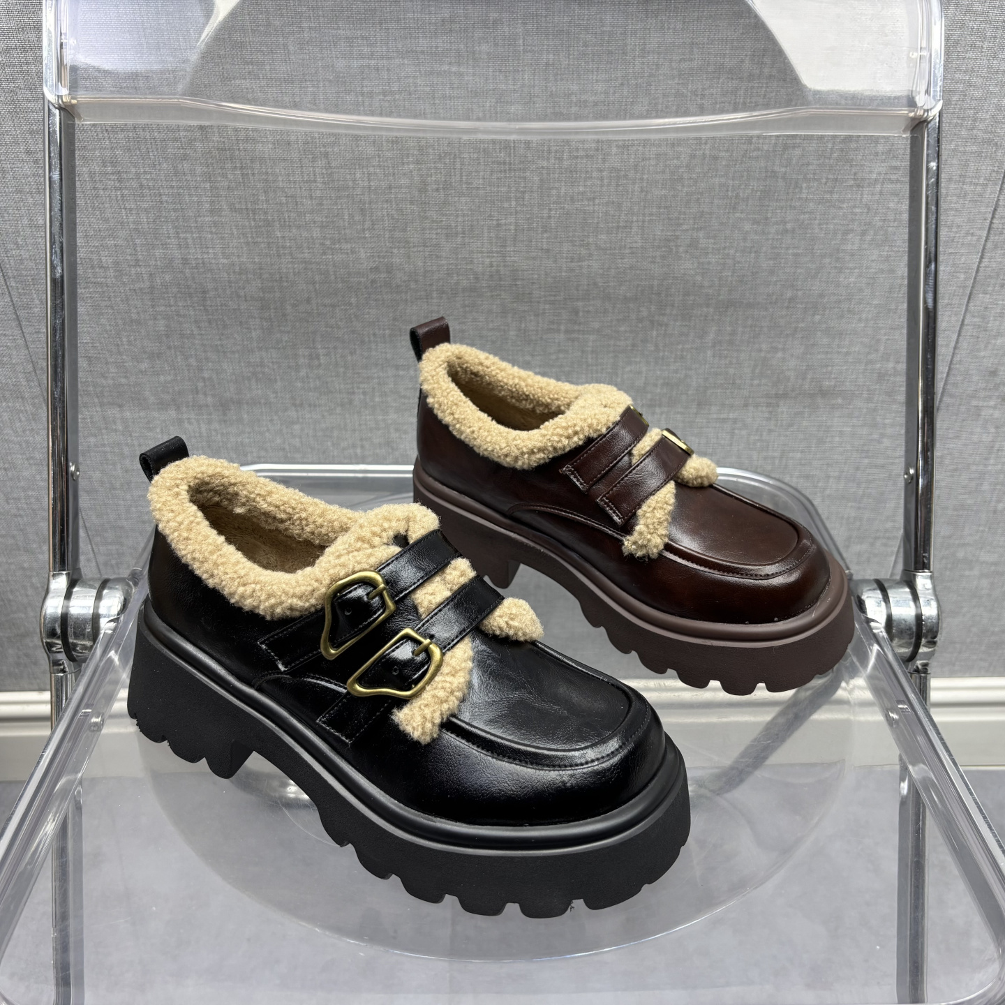 2025处理秋冬断码真皮女鞋休闲工厂女单鞋松糕底乐福鞋加绒圆头