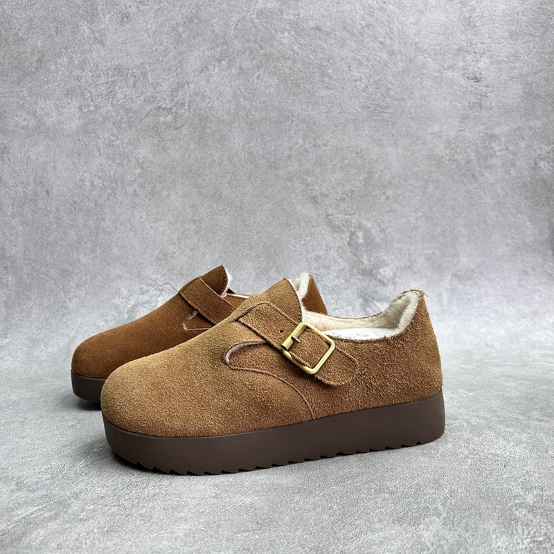 工厂25断码真皮秋季新款女鞋厚底勃肯鞋圆头松糕底套脚包头女棉鞋