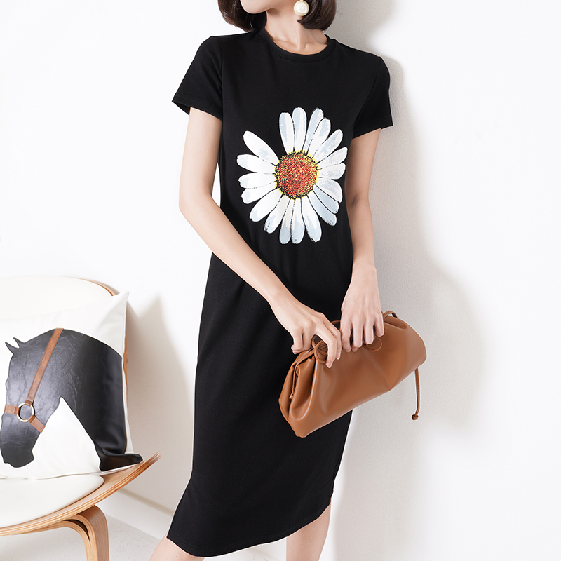 棉显瘦小雏菊休闲修身连衣裙短袖