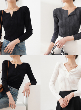 展现迷人锁骨！TOT*ME同18针羊毛羊绒真丝打底T恤针织衫修身通勤