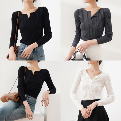 展现迷人锁骨！剪刀领18针羊毛羊绒真丝打底T恤针织衫修身通勤