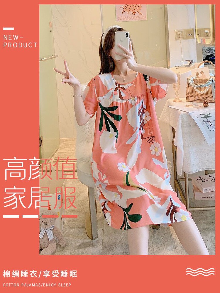 여성용 면 실크 잠옷 봄 가을 여름 얇은 잠옷 홈 스커트 새로운 반팔 면 실크 여아 어머니복 플러스 사이즈