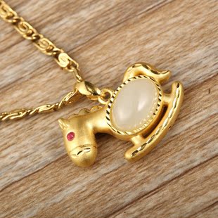 24K金镶玉999足金和田玉马吊坠生肖马挂件硬金黄金白玉青梅竹马女