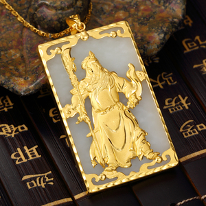 24K金镶玉999足金和田玉吊坠关公男士加大款方牌关羽挂件黄金白玉