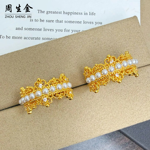 古法沙金镂空花丝珍珠皇冠戒指复古蕾丝开口指环精致古风仿真黄金