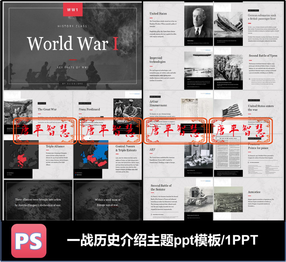 一战历史介绍英文版ppt模板可编辑素材工作总结历史品牌