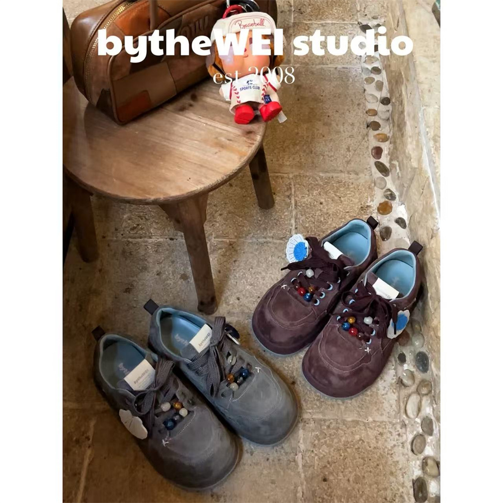 bytheWEI【海浪贝壳】小众设计师款复古真皮拼色增高运动休闲鞋女
