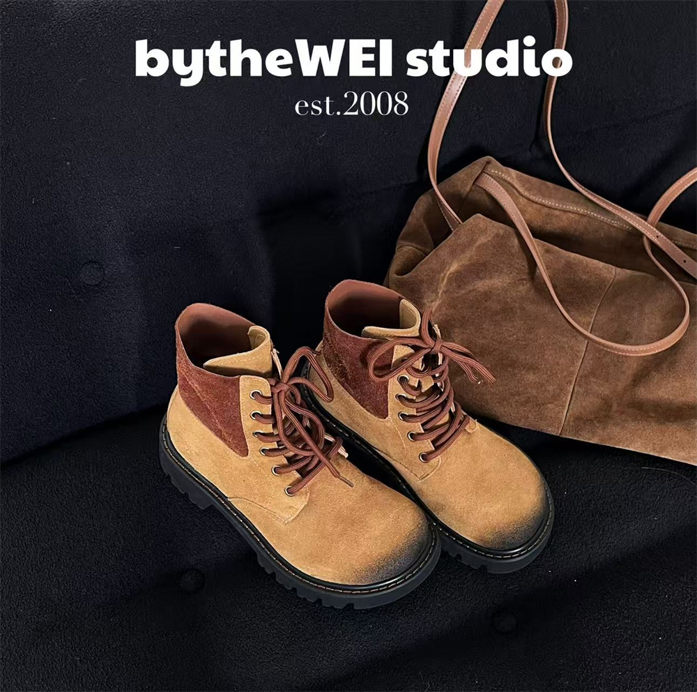 bytheWEI【秘密大黄靴】罗家拼色短靴马丁靴系带头层牛皮靴子女