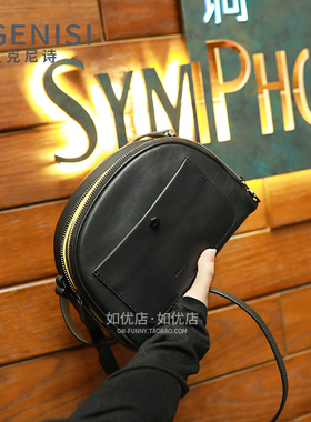 AIGENISI/艾克尼诗牛皮斜挎包包女2021新款 拼色中号黑色单肩包