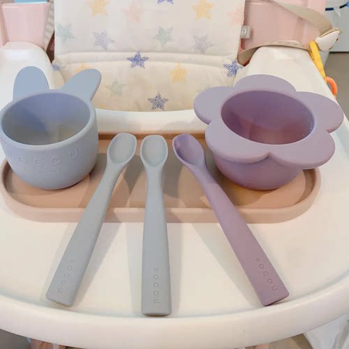 韩国进口高端ROCOU宝宝婴幼儿辅食硅胶餐具花朵型碗勺子防摔套装
