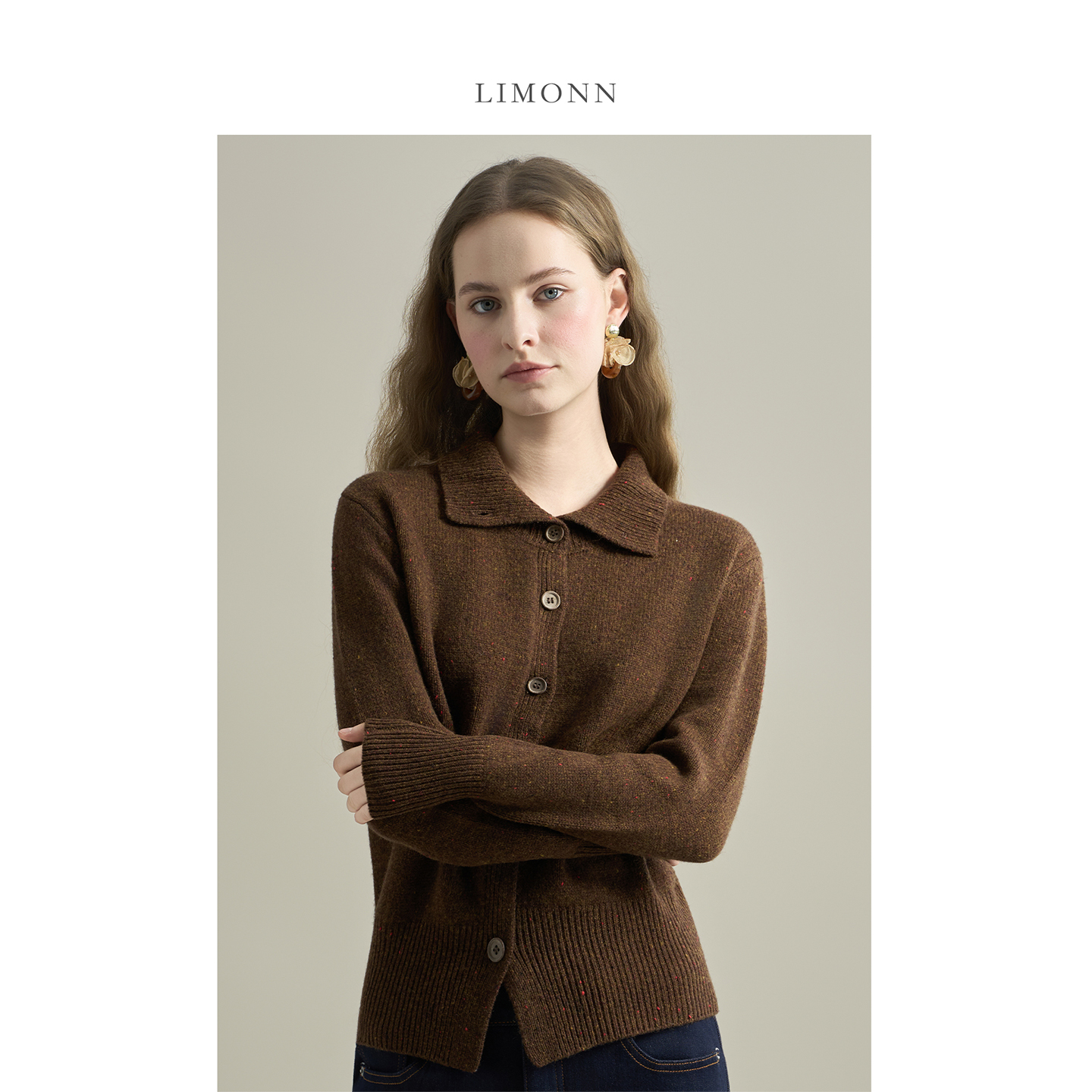 100羊毛复古翻领针织开衫