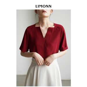 【鹦鹉梨专属】LIMONN 法式复古简约通勤v领短袖衬衫女设计感上衣