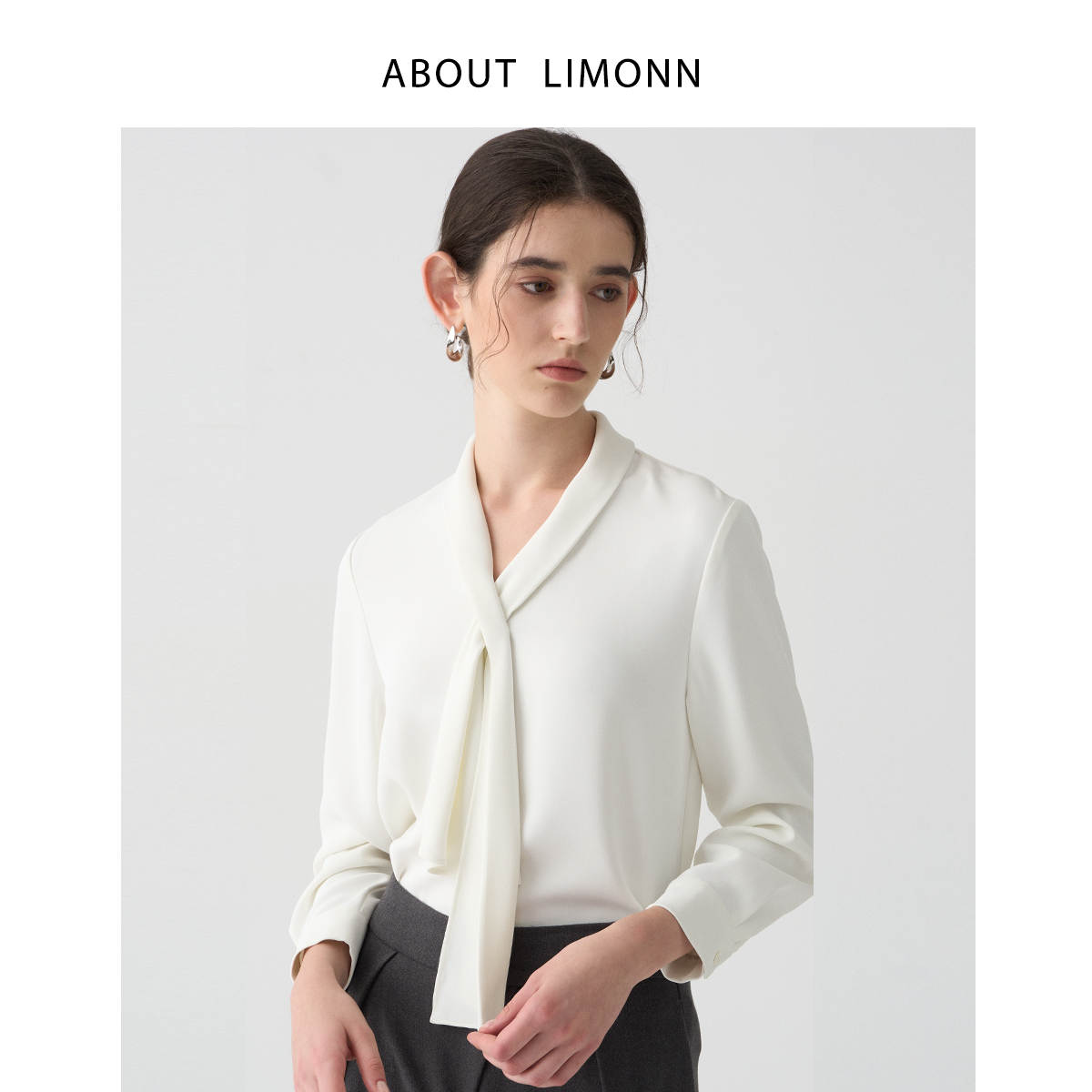 LIMONN | 高智感气质V领通勤白色飘带长袖衬衫面试衬衣职业上衣