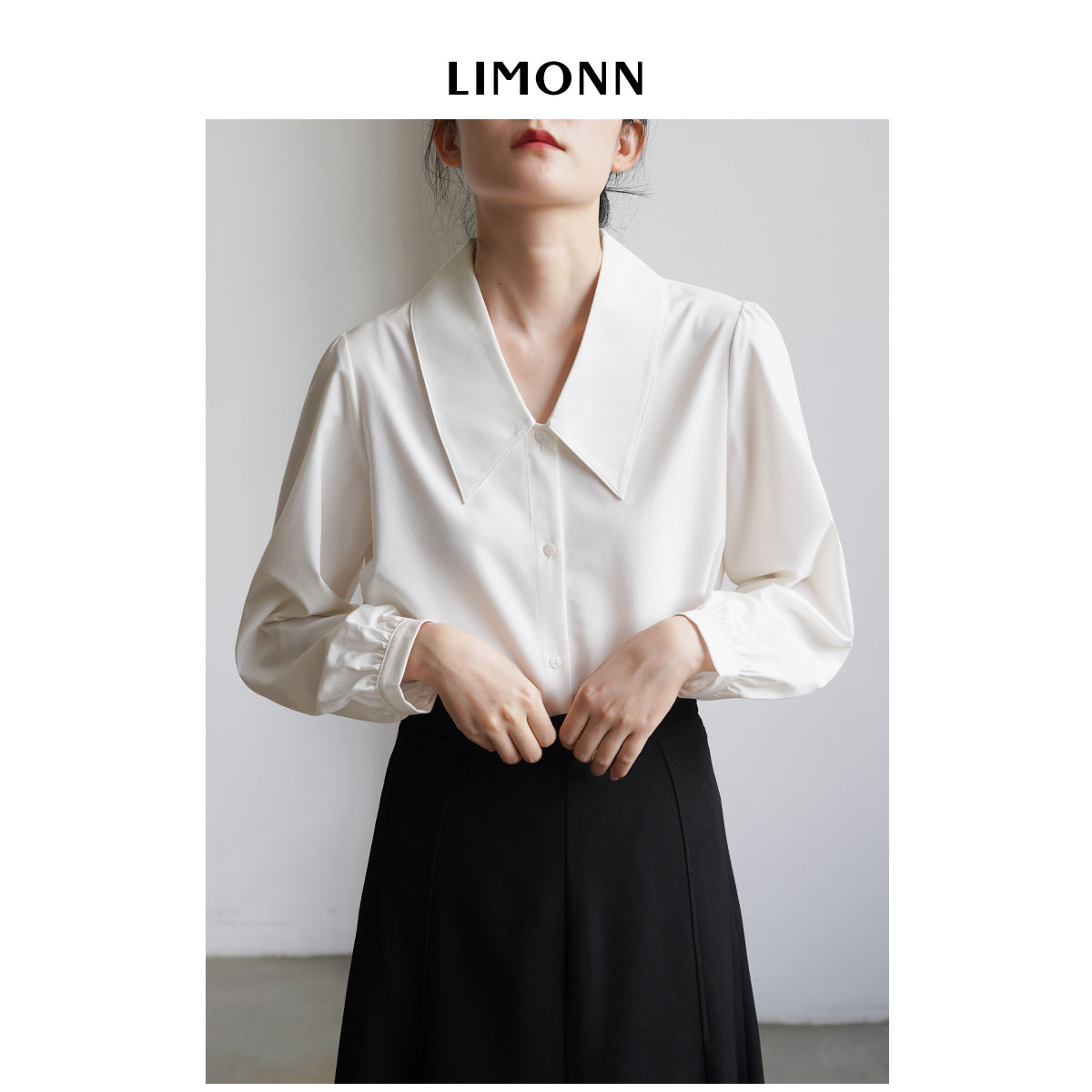LIMONN 法式复古尖领白色长袖衬衫女气质通勤叠穿V领上衣春新款