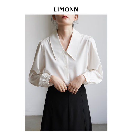 LIMONN 法式复古尖领白色长袖衬衫女气质通勤叠穿V领上衣春新款