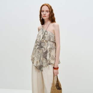 LIMONN 夏装新品水墨印染单肩吊带背心上衣飘逸度假风