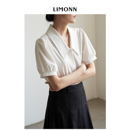 LIMONN 高智感通勤小众泡泡袖尖领衬衫女v领短袖衬衣夏装新显瘦