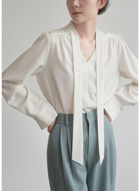 LIMON高智感通勤气质飘带衬衫面试职业夏装新款长袖衬衫白色上衣