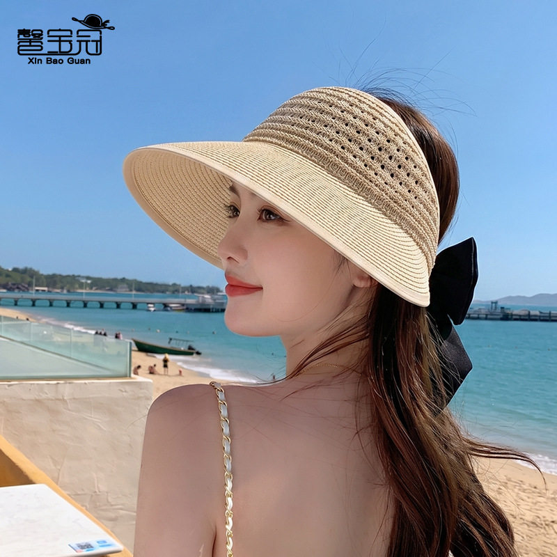 夏季防晒帽子韩版时尚蝴蝶结空顶草帽太阳帽户外出游草编大檐遮阳