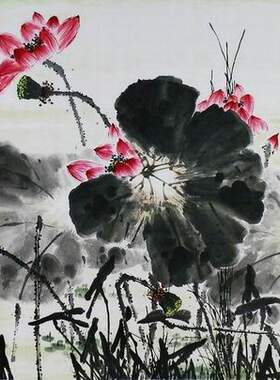 纯手绘国画花鸟装饰画荷花鹰客厅