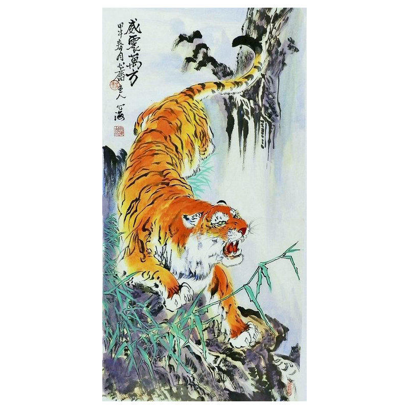 国画虎上山虎下山虎纯手绘中式客厅玄关装饰画三尺心海画GG100