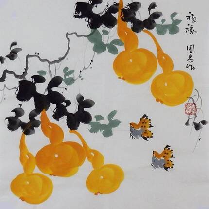 手绘国画花鸟南瓜葫芦寿桃荔枝中式办公室电表箱装饰画周易小品GG