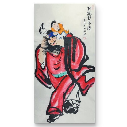 钟馗护子图纯手绘朱砂国画装饰画