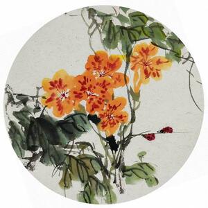 国画花鸟团扇纯手绘字画无款圆形小品牡丹荷花葫芦柿子 直径33GG