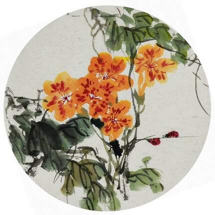 国画花鸟团扇纯手绘字画无款圆形小品牡丹荷花葫芦柿子 直径33GG