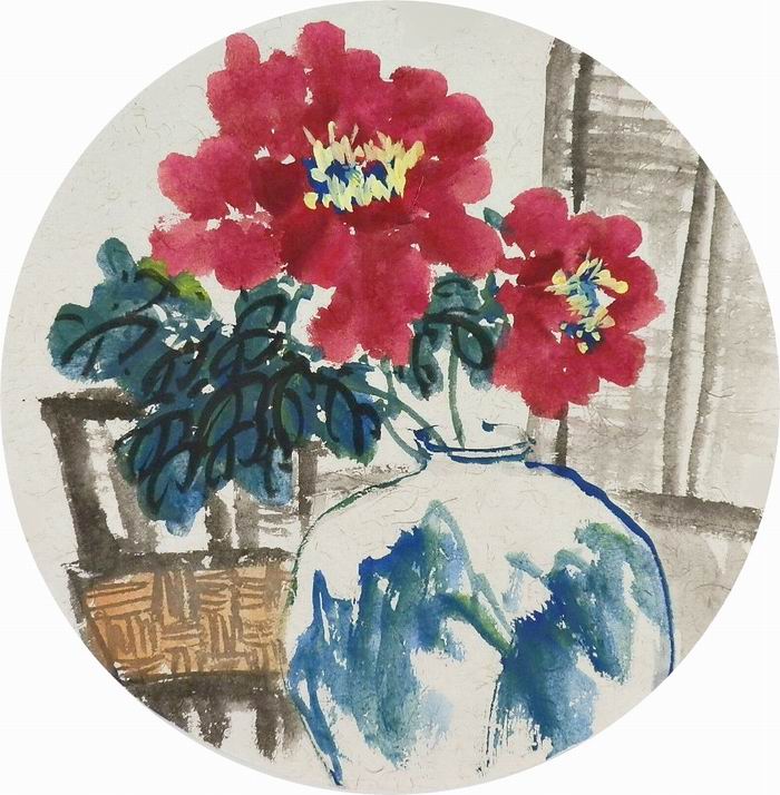 国画花鸟团扇纯手绘字画无款圆形小品牡丹荷花葫芦柿子 直径33GG图片