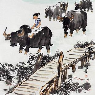纯手绘五牛图童子牧牛国画客厅办公室装饰画新中式方翰四尺斗方GG