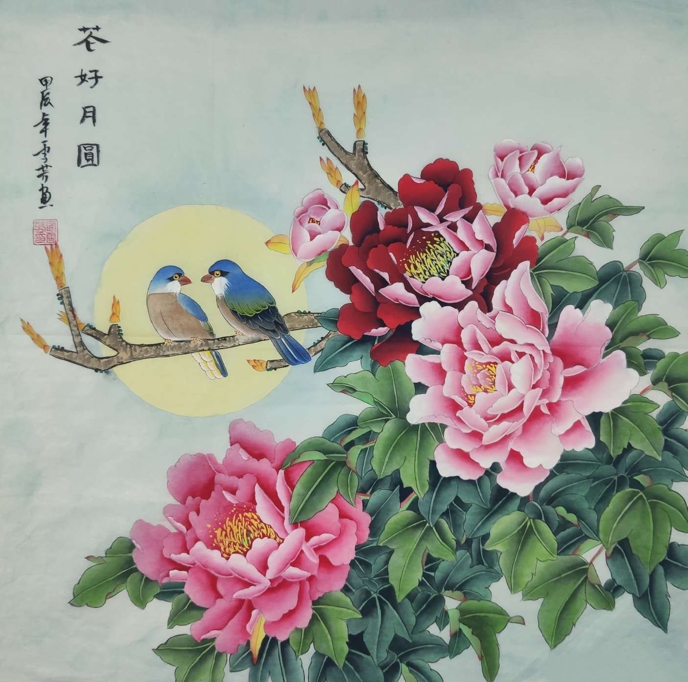 牡丹花鸟画鸡工笔画国画四尺斗方纯手绘字画客厅走廊装饰顾雪芳GG