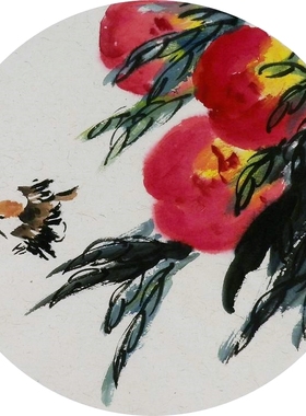 手绘字画装饰画新品I082020无款国画花鸟团扇圆形小品寿桃 直径33