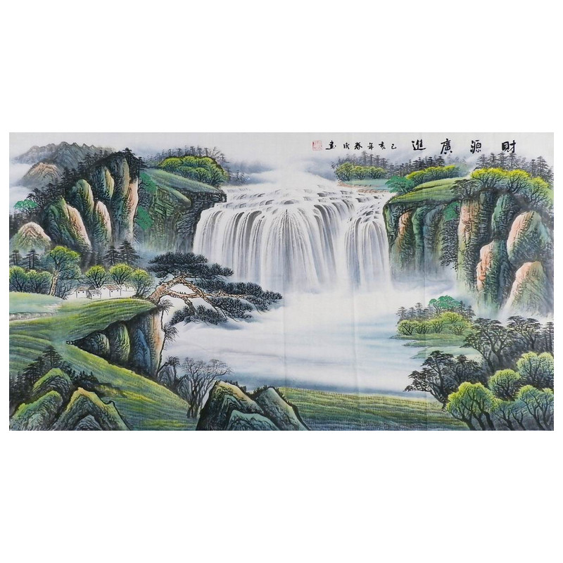 纯手绘聚宝盆山水画客厅挂画玄关办公室国画中式六尺林春成GG90
