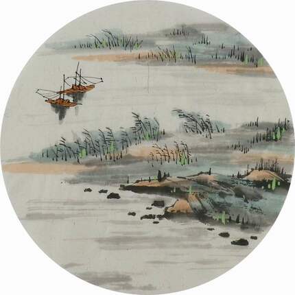 山水画国画纯手绘字画客厅办公室装饰画无款小品团扇 直径33GG