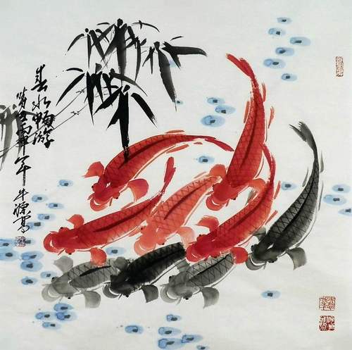 九鱼图国画纯手绘字画客厅办公室玄关大厅装饰画牛源四尺斗方GG