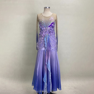 蝶舞飞扬高端定制重工艺亮片刺绣长袖鱼尾女蓝色舞台演出服