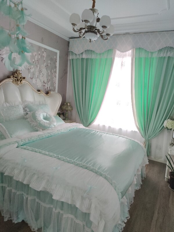 进口梦回凡尔赛蕾丝荷叶边公主轻奢床品若草色欧式刺绣真丝四件套