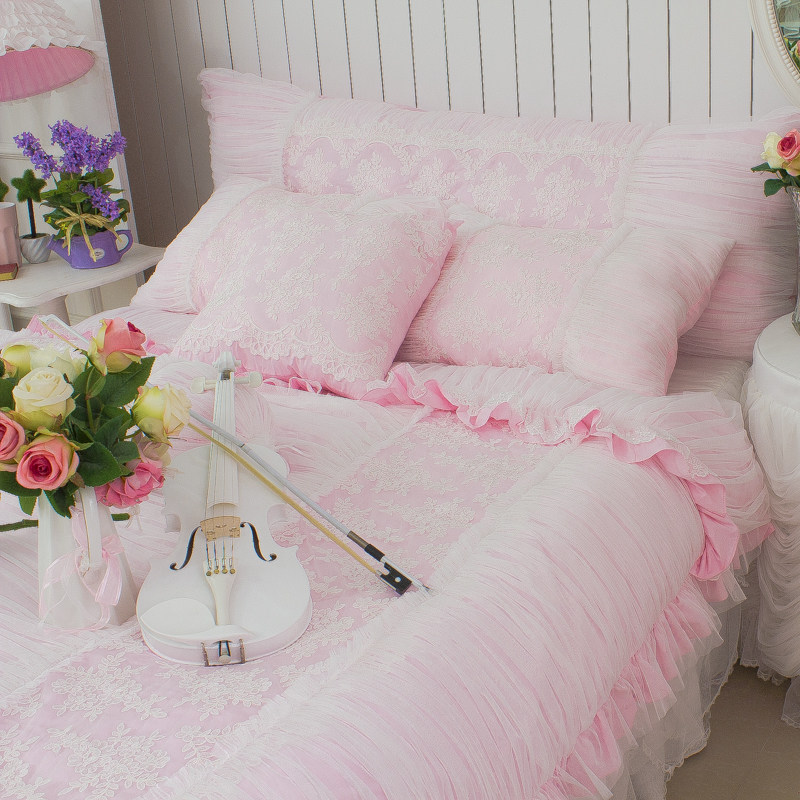 全棉蕾丝森林公主风粉色高档纯棉加厚夹棉床上四件套床裙床笠一体