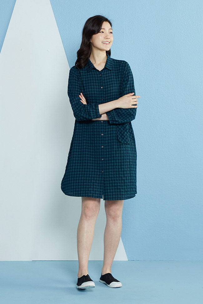 台湾以旺YVONNE 泡泡格開襟洋裝 睡裙 连身裙 现货 长袖 春夏女棉