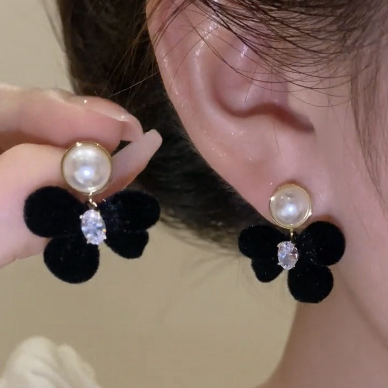 黑色丝绒蝴蝶结耳钉高级感复古珍珠耳环甜美网红气质甜美酒红耳饰