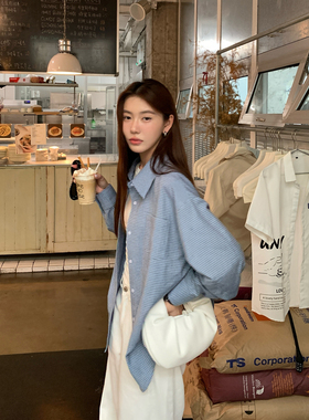 Halo Luu蓝色格子衬衫女春季韩系上衣大版宽松慵懒风外套长袖衬衣