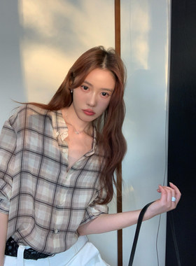 HaloLuu格纹短袖衬衫女透气